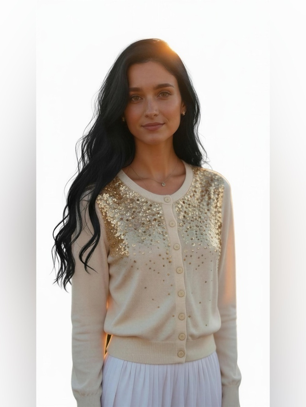Jones New York Cream Gold Sequin Lightweight Button-Down Cardigan Sweater